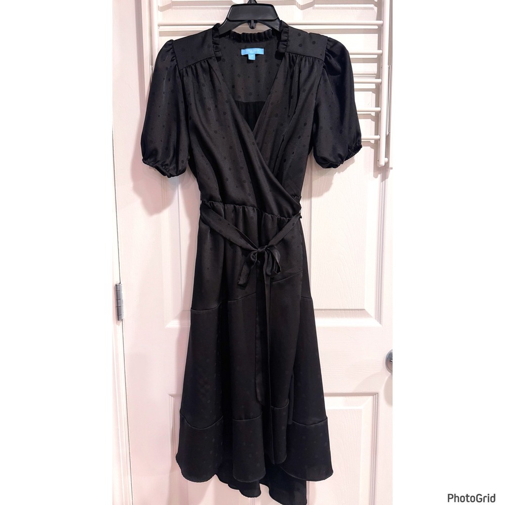 Draper James RSVP Silky Polka Dot Black Wrap Dress Short Sleeve Midi Xsmall